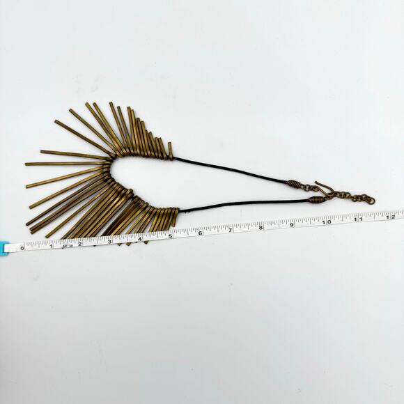 Brass Tone Spike Pins Leather Cord Statement Bib Necklace Unbranded Egyptian - Picture 8 of 8